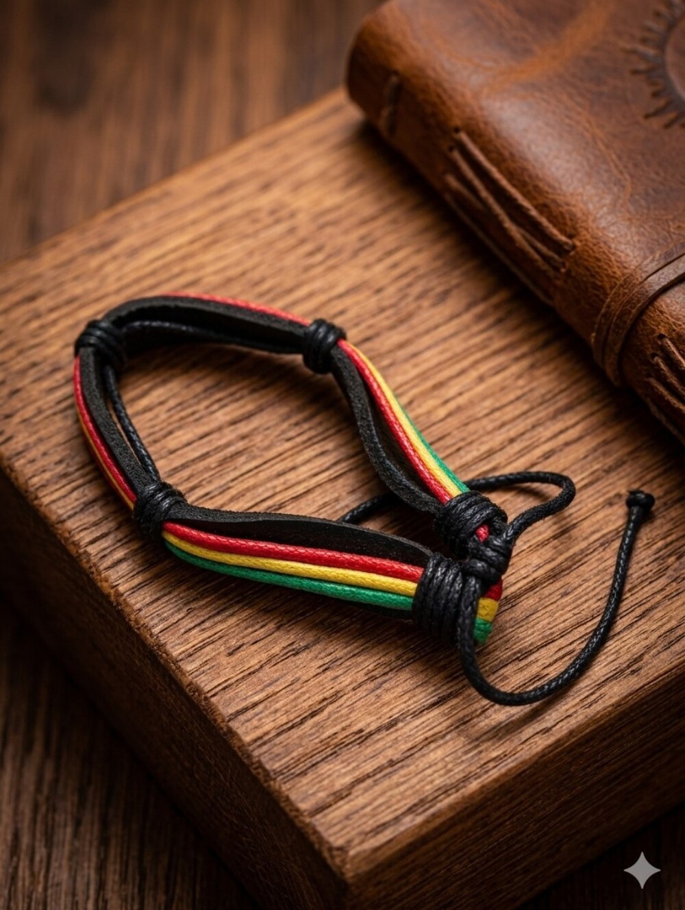 Adjustable Black Bracelet with Red, Yellow & Green Stripes